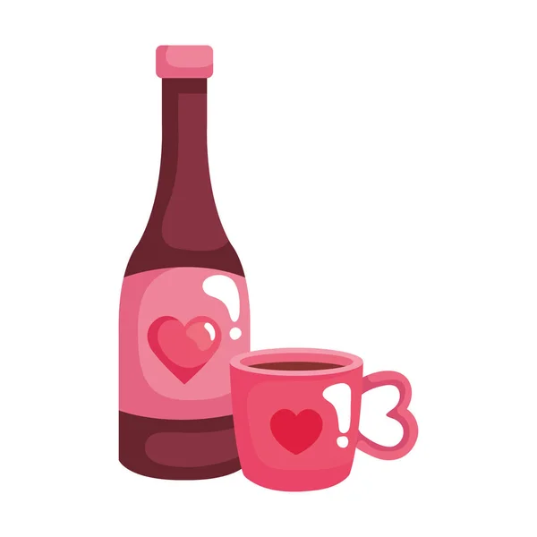 Cup coffee with bottle wine isolated icon — Stock Vector