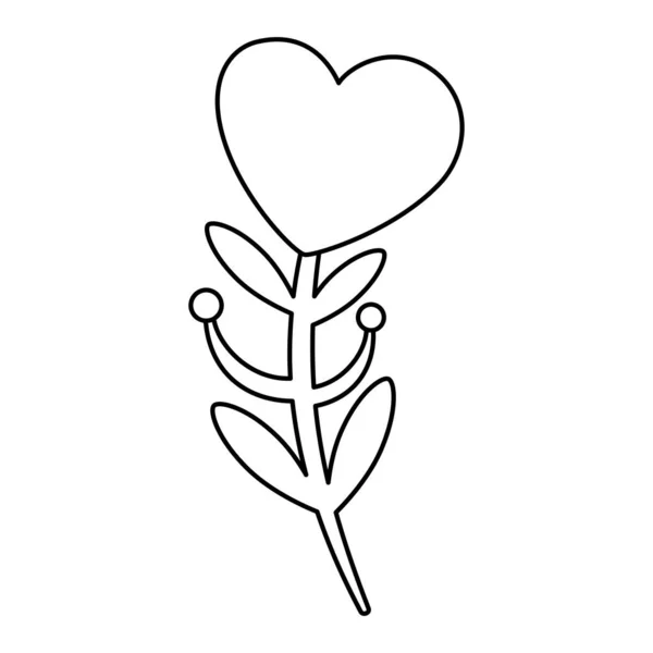 Fleur mignonne en forme de coeur avec branche et feuilles — Image vectorielle