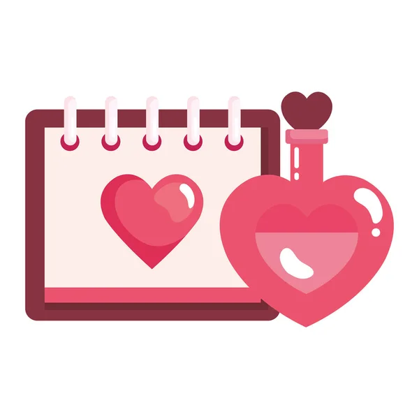 Calendario con corazón y fragancia con botella de corazón — Vector de stock