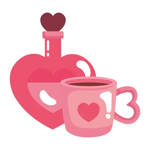Copo de café e fragrância com garrafa de coração — Vetor de Stock