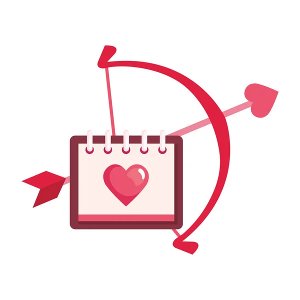 Calendario con corazón y arco Cupido icono aislado — Vector de stock