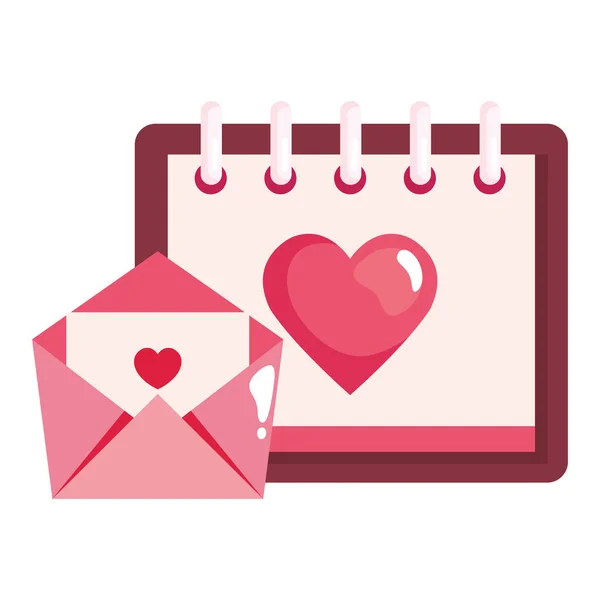 Kalendář se srdcem a obálkou izolované ikony — Stockový vektor
