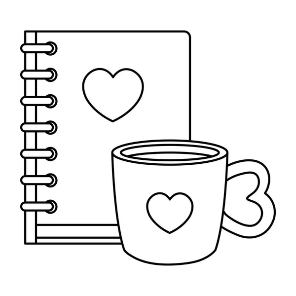 Блокнот з серцем і чашкою кави ізольовані значок — стоковий вектор
