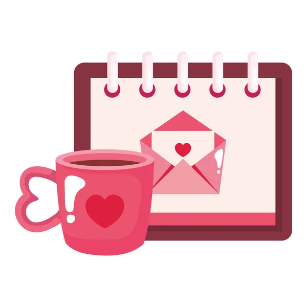 Sobre de correo en el calendario con taza de café — Vector de stock