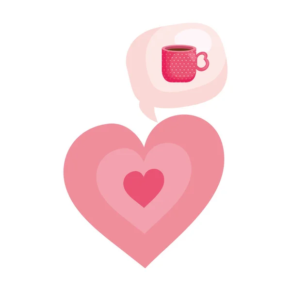 Aranyos szív és beszéd buborék csésze kávé — Stock Vector