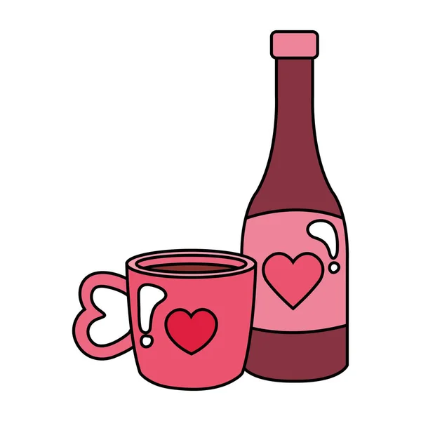 Tasse café avec bouteille vin icône isolée — Image vectorielle