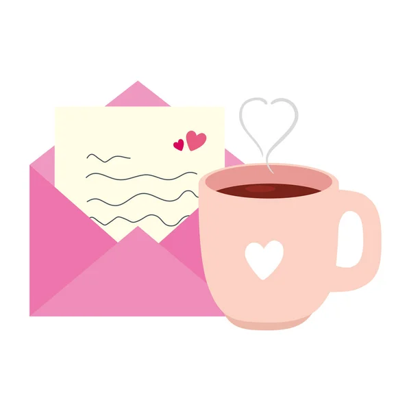 Envelope de correio com coração e café copo — Vetor de Stock