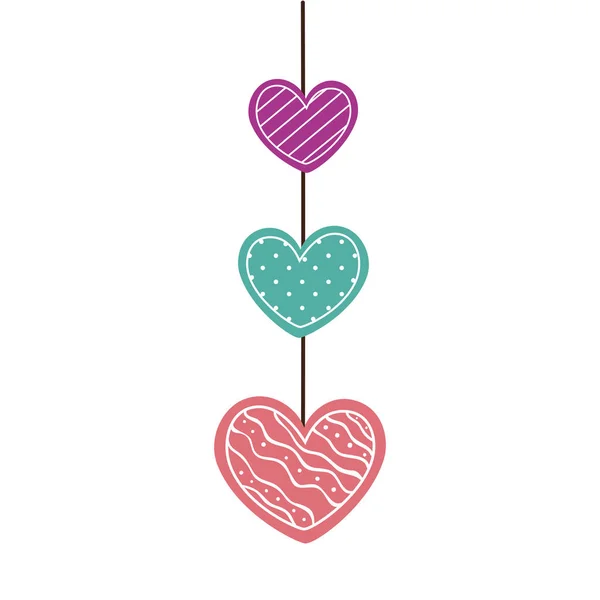 Cute hearts hanging isolated icon — Stock vektor