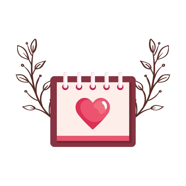 Kalender met hart en bladeren geïsoleerd icoon — Stockvector