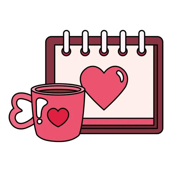 Calendar with heart and cup coffee — 스톡 벡터