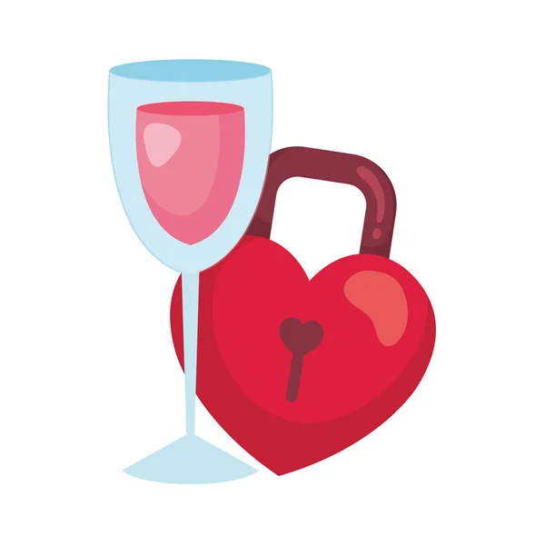 ハート型の南京錠とワイン付きのカップグラス — ストックベクタ