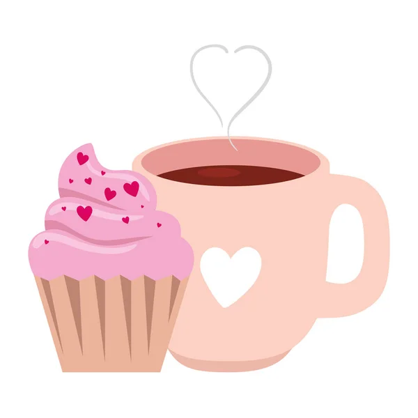 Tasse Kaffee mit Cupcake isoliert Symbol — Stockvektor