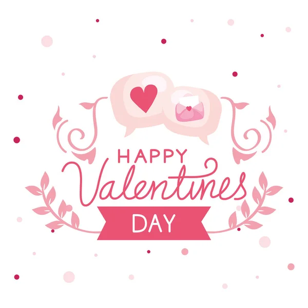 Feliz día de San Valentín con burbujas de habla y decoración — Vector de stock