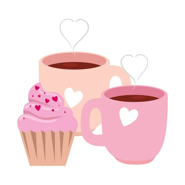 Cups coffee with cupcake isolated icon — Stok Vektör