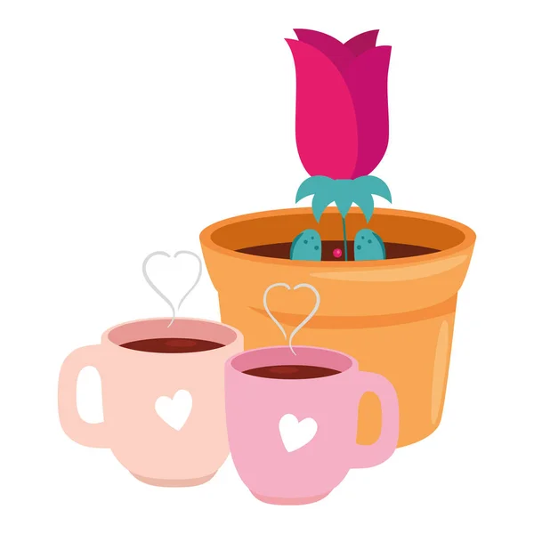 Cups coffee with rose flower in pot plant isolated icon — 스톡 벡터