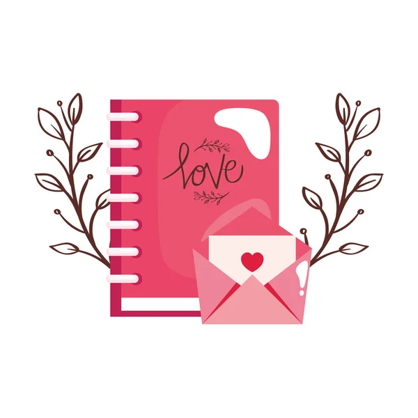 Notebook com letras de amor e envelope —  Vetores de Stock