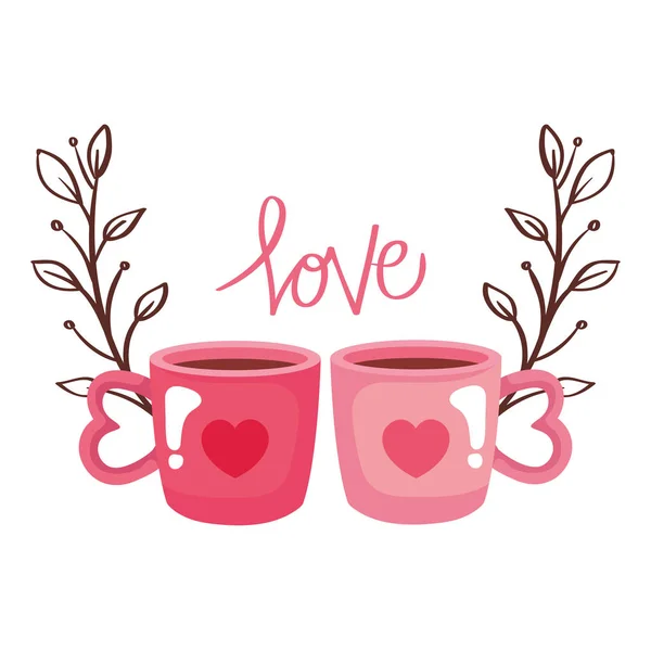 Tazas de café con letras de amor y hojas — Archivo Imágenes Vectoriales