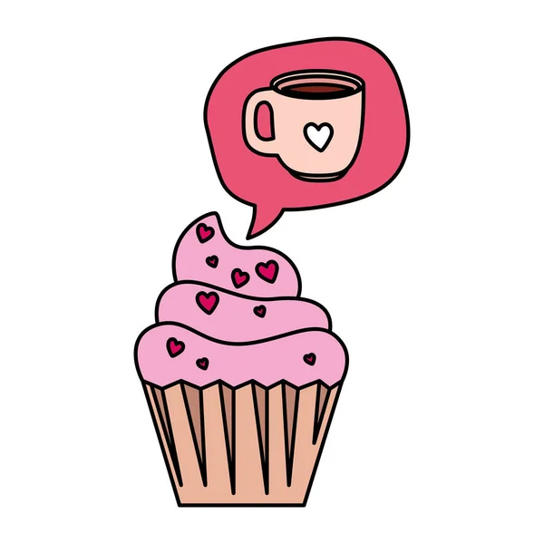 Cupcake et bulle de parole avec boisson au café — Image vectorielle