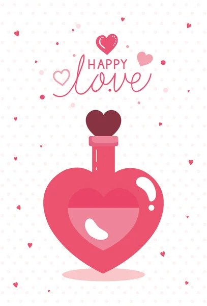 Happy valentines day card and fragrance with heart bottle — Stok Vektör