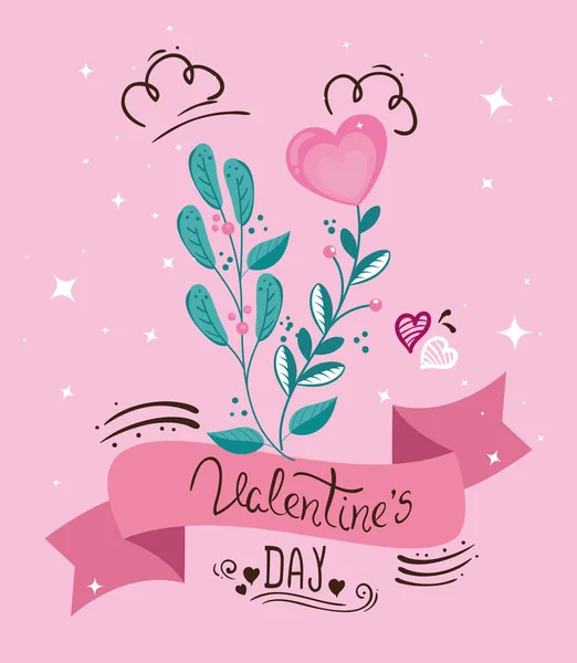 Valentines day card with ribbon and leafs — Stok Vektör