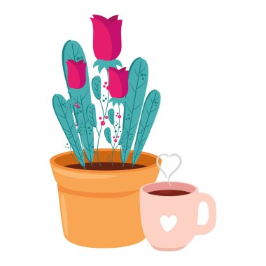 cup coffee with rose flowers in pot plant isolated icon