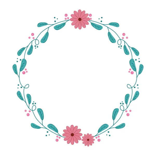 Frame circular of branches and leafs with flowers — Stock Vector