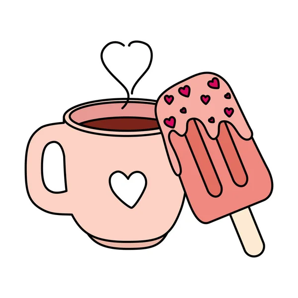 Cup coffee with ice cream in stick isolated icon — 스톡 벡터