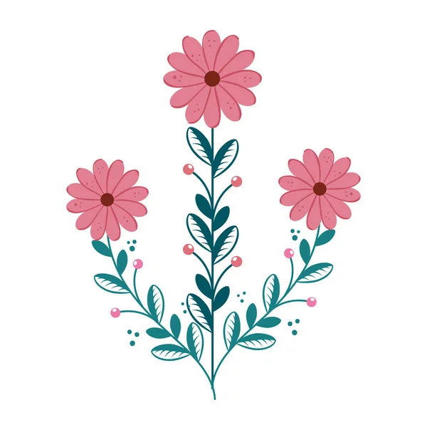 Cute flowers with branches and leafs isolated icon — Stock Vector