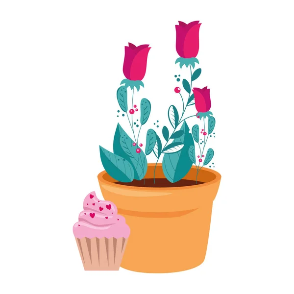 Rosenblüte in Topfpflanze mit Cupcake — Stockvektor