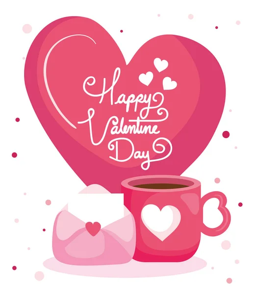 Happy valentines day card with envelope and cup coffee — Stock vektor