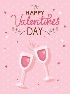 happy valentines day card with cups wine and decoration