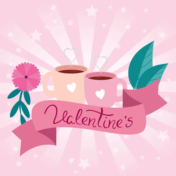 Valentines day card with cups coffee and ribbon — Stock Vector