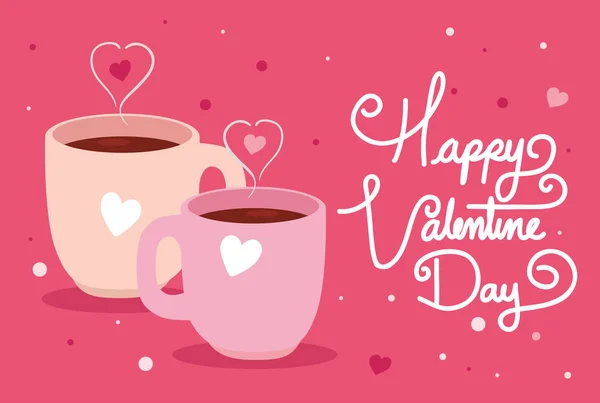 Tarjeta feliz día de San Valentín con tazas de café y corazones — Archivo Imágenes Vectoriales