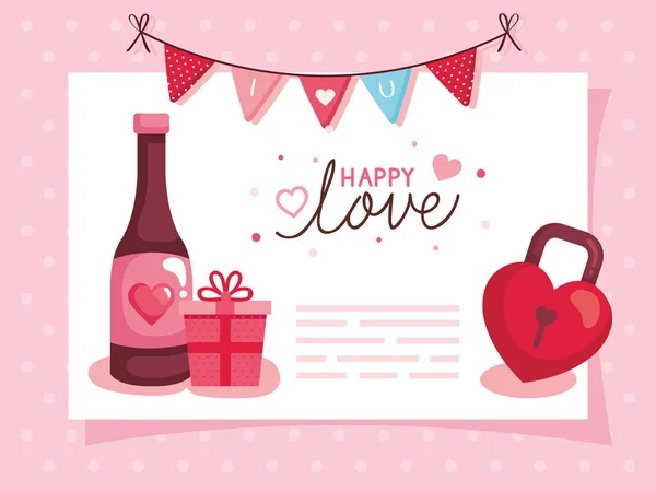 Happy valentines day card with bottle wine and decoration — 스톡 벡터