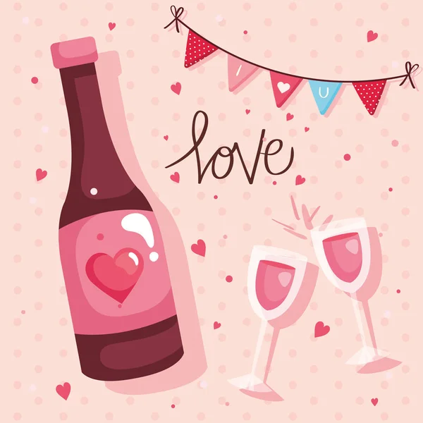 Tarjeta feliz día de San Valentín con botella de vino y decoración — Vector de stock