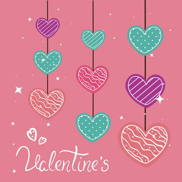 Carte de Saint Valentin avec des coeurs suspendus — Image vectorielle