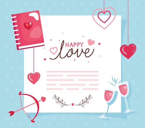 Tarjeta feliz día de San Valentín con cuaderno y decoración — Vector de stock