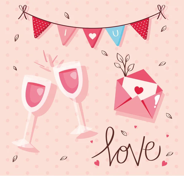 情人节快乐卡上有酒杯、酒和装饰品 — 图库矢量图片