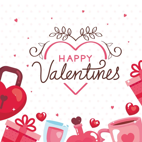 Biglietto felice giorno di San Valentino con icone decorazione — Vettoriale Stock