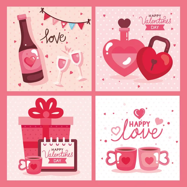 Készlet kártyák boldog Valentin nap dekorációval — Stock Vector