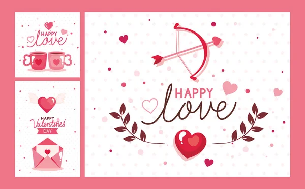 Set cards of happy valentines day with decoration — Stock Vector