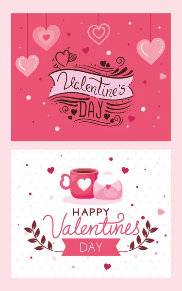 Set cards of happy valentines day with decoration — Stock Vector