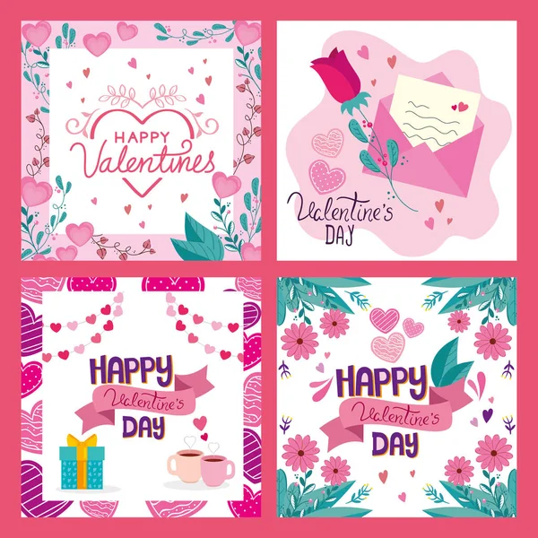 Set cards of happy valentines day with decoration — Stock Vector