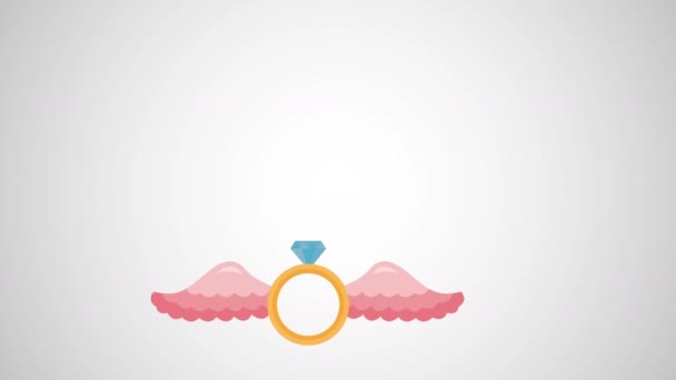 Valentines day animated card with rings proposal flying — Stock Video