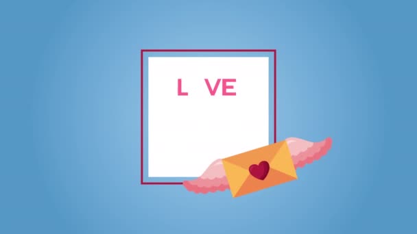 День святого Валентина анимированная карта с конвертом полета — стоковое видео