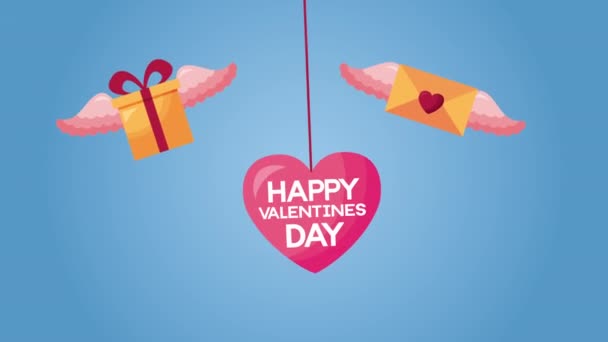 Valentinstag animierte Karte mit Geschenken und Umschlag fliegen — Stockvideo