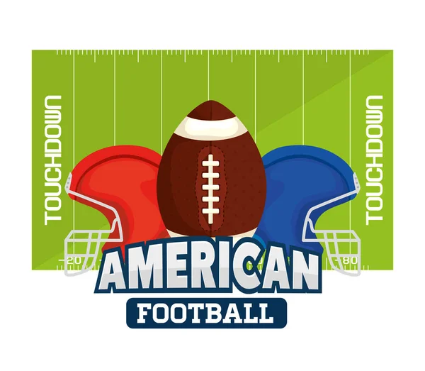 Poster di football americano con palla e caschi in campo — Vettoriale Stock