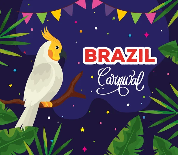 Plakat brazylijskiego karnawału z papugą i liśćmi tropikalnymi — Wektor stockowy