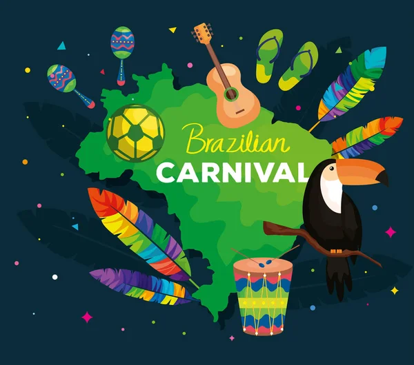 Plakat des brasilianischen Karnevals mit Karte und Dekoration — Stockvektor