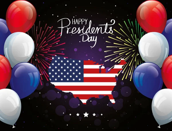 Glückliche Präsidenten Tag mit Karte USA und Luftballons Helium — Stockvektor